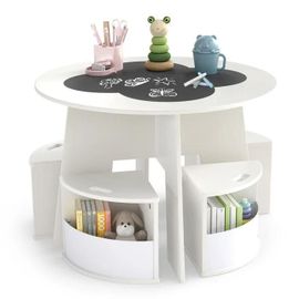 Costway Table Et Chaises 5 Pièces Pour 4 Enfants 3ans+, Table Ronde Avec Tabourets D¿Activité Empilables Pour Salle De Jeux, Blanc