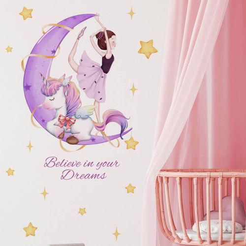 Stickers muraux licornes fille,Décalque mural lune et étoile violet,Décoration murale de citations inspirantes,Art mural pour les filles, la chambre de bébé, la salle de jeux