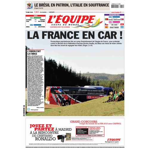 Journal L'équipe N° 20434 : Coupe Du Monde 2010 "La France En Car"