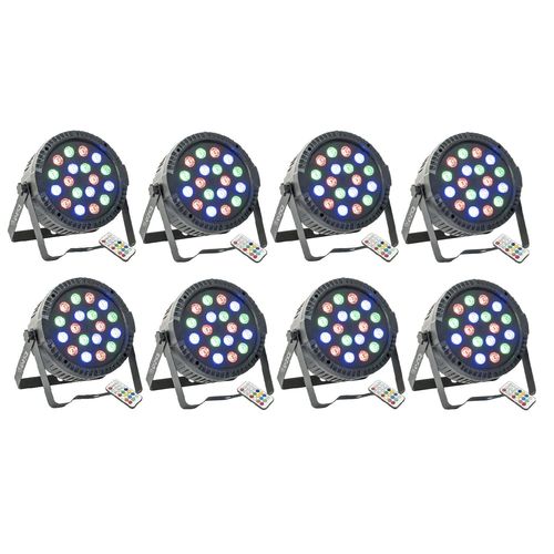 Pack de 8 Projecteurs Par Ibiza Light THINPAR-18X1W RGB - Télécommande DMX Extra-plats Soirée Dj LED Fête Club Discothèque
