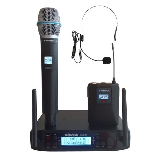 Nouveau microphone professionnel sans fil Shure Gld B87 500-599Mhz à 2 canaux avec 1 microphone à main et 1 microphone casque.