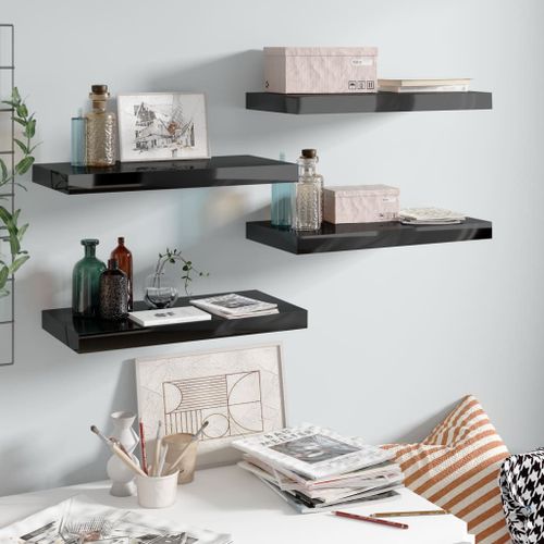 Vidaxl Étagère Murale Flottante 4 Pcs Noir Brillant 50x23x3,8 Cm Mdf