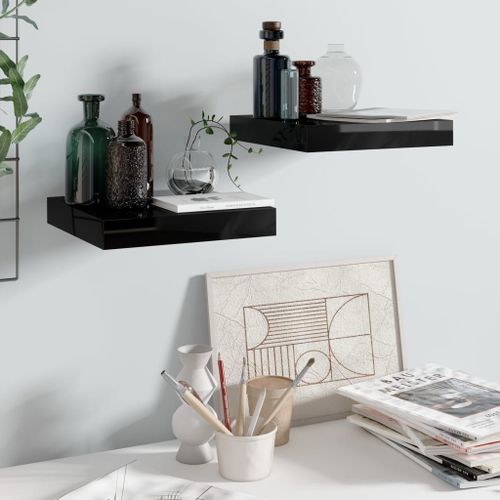 Vidaxl Étagère Murale Flottante 2 Pcs Noir Brillant 23x23,5x3,8 Cm Mdf