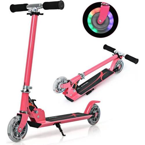 Costway Trottinette Enfant Pliable 2 Roues Led Clignotantes Hauteur Ajustable Charge Max 70kg Enfant De 4 À 15 Ans Patinette Rose