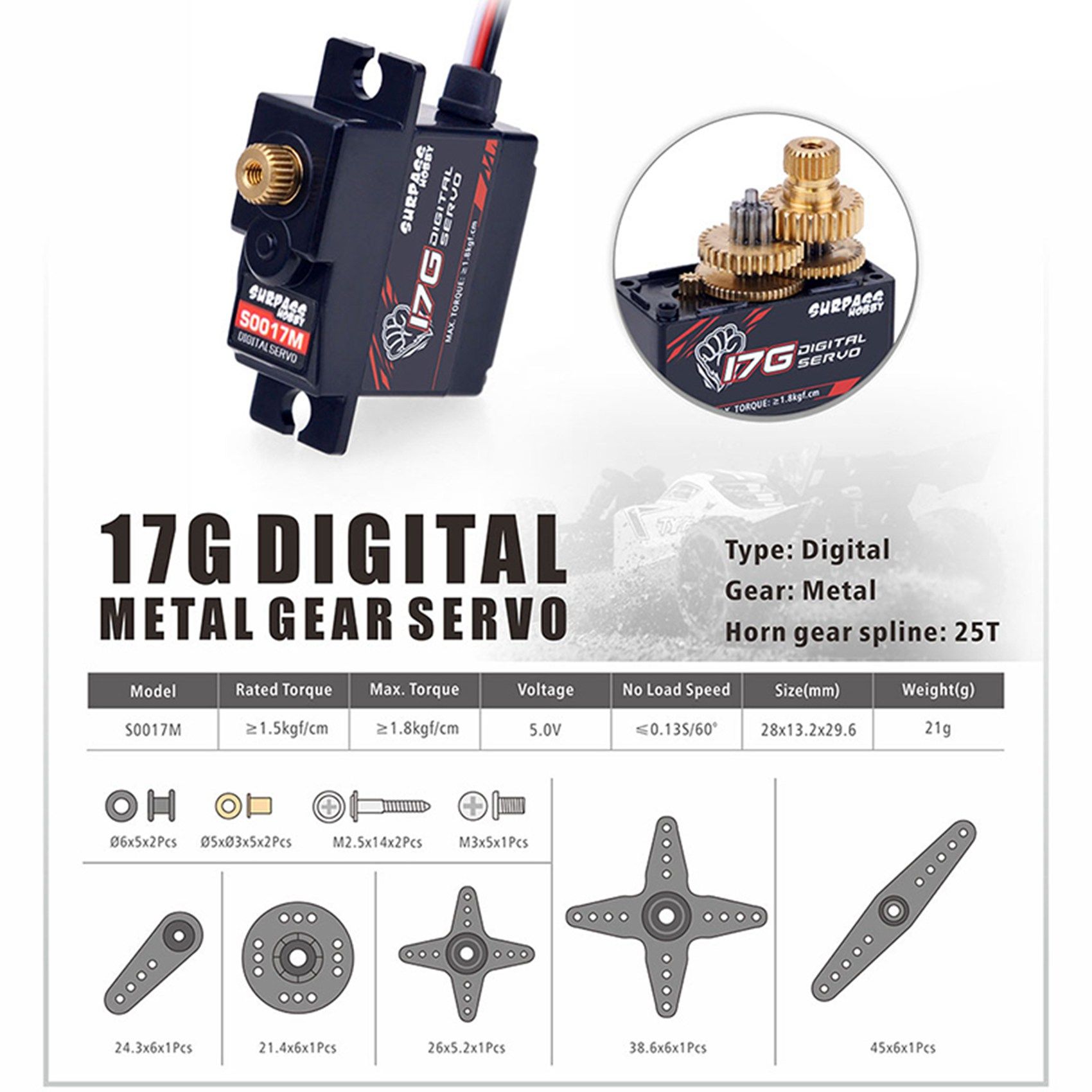 5x S0017m 17g Engrenage En MTal 1.8kg Servo NumRique Pou... - 2
