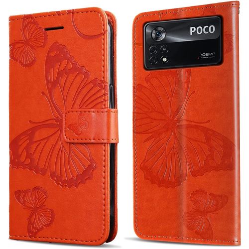 Coque Pour Xiaomi Poco X4 Pro 5g, Papillon Imprime Housse En Cuir Pu Magnetique Portefeuille, Etui A Rabat Pour Xiaomi Poco X4 Pro 5g, Orange