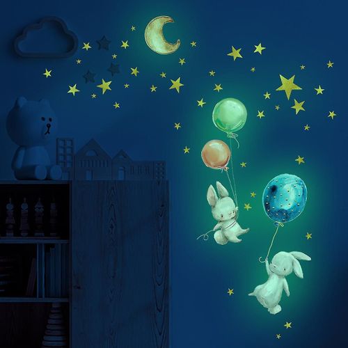 Peintures murales fluorescentes pour enfants, étoiles de lune Lapins et ballons brillent dans les étoiles sombres Autocollants de plafond muraux lumineux pour bébés enfants