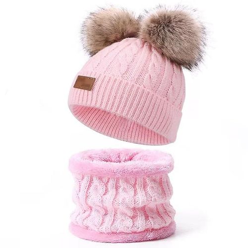 Enfant En Laine Écharpe Et Chapeau Ensemble Hiver Torsadé Simple Pompon Tricoté Chapeau Rose Niuniu
