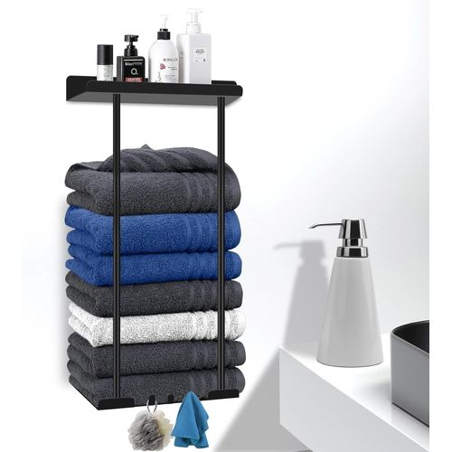 Porte Serviette Murale ¿ Porte Serviette Sans Perçage En Acier Au Carbone Autocollant Avec Étagère ¿ Porte-Serviettes Invité Extensible (38-75 Cm) Avec Crochet ¿ Noir[X768]