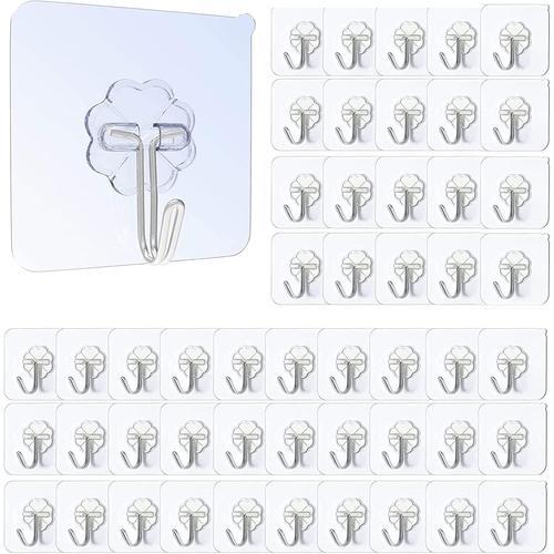 50 Pcs Crochet Adhésif, Crochets Adhesifs Crochet Adhesif Mural Crochet Murale Salle De Bain, Crochets Adhésifs Transparents Étanches Pour Peignoir Serviette Manteau Clés Et Ustensiles De Cuisine