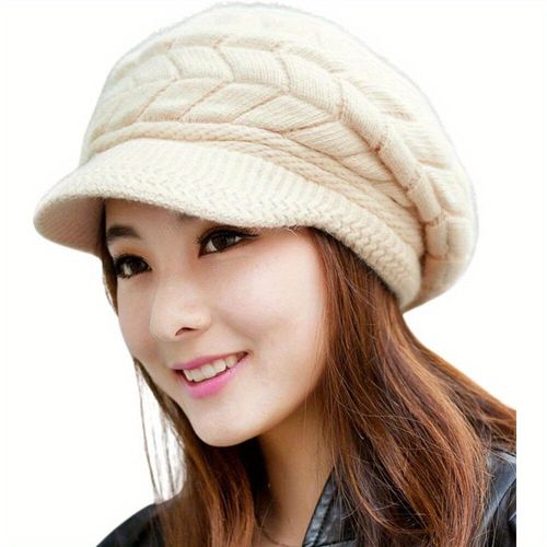 Bonnet D'hiver En Tricot Avec Visière Pour Femme,Double Doublure Douce,Bonnets Chauds,Bonnets De Neige Amples,1pc