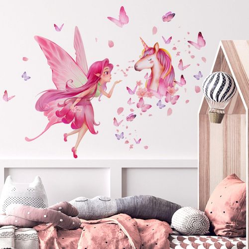 Autocollants muraux licorne - Elfes rouges - Papillons colorés - Décoration murale amovible en vinyle pour chambre de bébé, chambre à coucher, salle de jeux