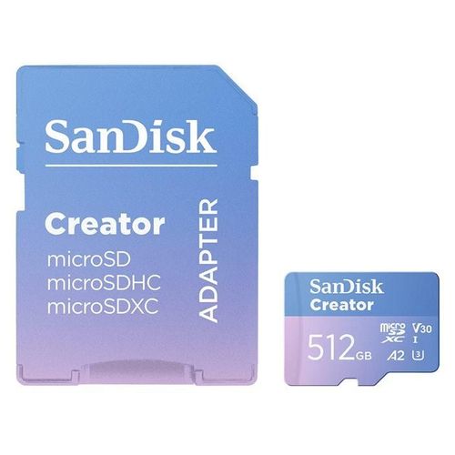 SanDisk Creator - Carte mémoire flash (adaptateur microSDXC vers SD inclus(e)) - 512 Go - A2 / Video Class V30 / UHS-I U3 - microSDXC UHS-I