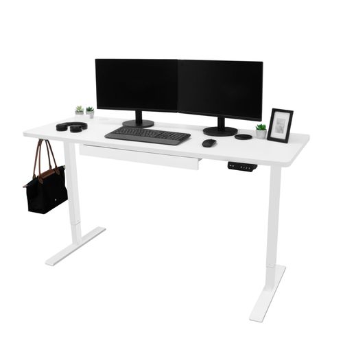 Bureaux Assis-Debout Électrique 160 Cm X 60 Cm Blanc Réglable En Hauteur Ergonomique Ordinateur Station De Travail Tiroir Intégré Usb A&c Ports De Chargement Passes-Câbles Panneau De Mémoire