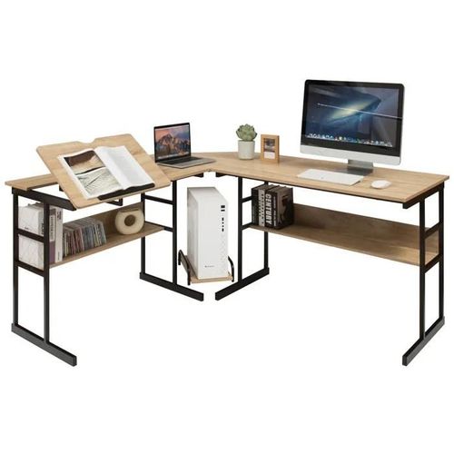 Bureau D'angle En Forme L - Costway - Ajustable À Bureau Droit - 2 Personnes Avec Plateau Inclinable - Support Centrale - Naturel