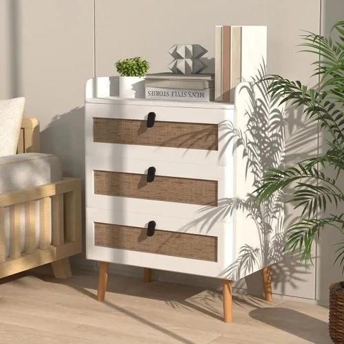 Costway Table De Chevet Avec 3 Tiroirs En Rotin, Table D'appoint Contemporain, Pour Chambre, Salon, 60 X 40 X 75 Cm Cm Blanc