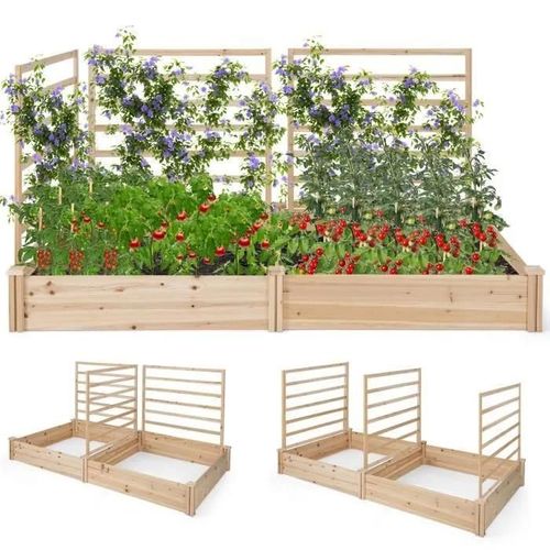 Costway Carré Potager En Bois De Sapin - 222x114x110cm - 3 Treillis, Base Ouverte - Vignes Grimpantes, Fruits, Fleurs, Légumes