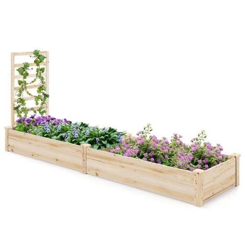 Costway Carré Potager En Bois De Sapin -235x63x102cm- Treillis, Base Ouverte Peinture Diy - Vignes Grimpantes Fruits Fleurs Légumes