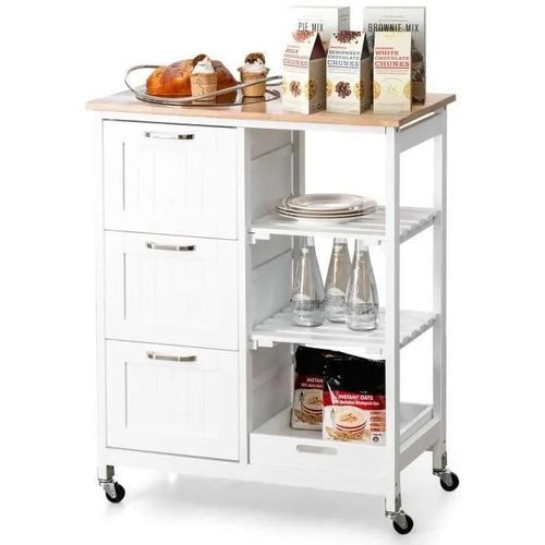 Costway Desserte De Cuisine Avec Roulette Universelles Verrouillables, Plateau En Bois D'hévéa, Étagères Amovibles, 3 Tiroirs, Blanc