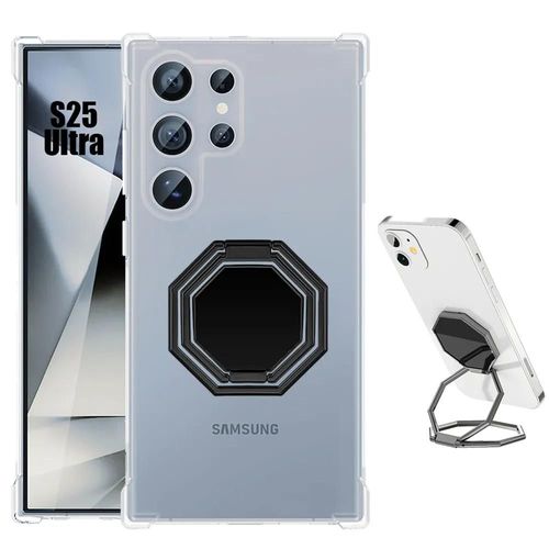 Coque Silicone Pour Samsung Galaxy S25 Ultra - Antichoc Transparent Avec Support Octogonal Noir Réglable - E.F.Connection