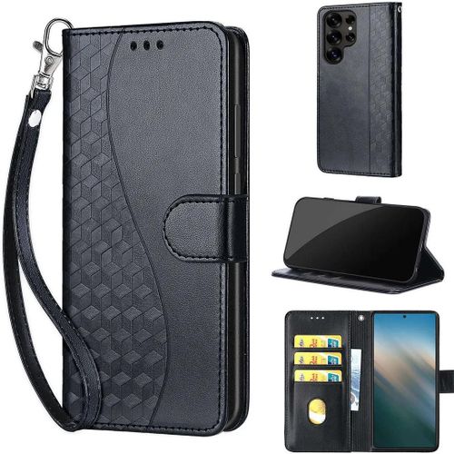SATURCASE Coque pour Samsung Galaxy S25 Ultra, S-Cube PU Cuir Magnétique Flip Portefeuille Support Porte-carte Dragonne Protecteur Housse Étui pour Samsung Galaxy S25 Ultra (BL-Noir)