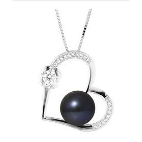 Collier Love- Perle De Culture D'eau Douce- Diamètre 9-10 Mm Black Tahiti- Bijou Femme- Argent 925 Millièmes