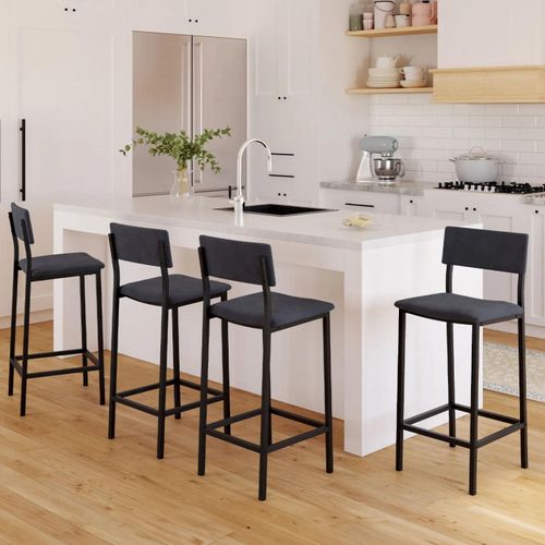 Tabourets De Bar En Velours Et Métal Gris Anthracite : Lot De 4