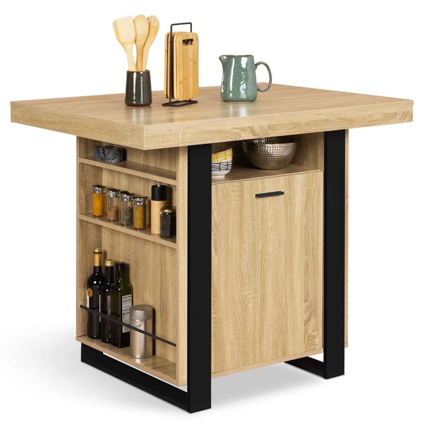 Ilot Central Phoenix 110 Cm Bois Et Noir Avec Rangements - 2