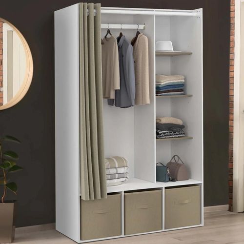 Dressing Penderie Diane 105 X 50 X 172 Cm Blanc Avec Étagères + Boites De Rangement + Rideau Taupe