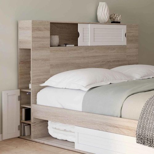 Tête De Lit Sur Pied Salem 145 Cm Avec Rangements Fermés Et Niches Bois Et Blanc