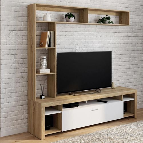 Ensemble Meuble Tv Et Étagères 170 Cm Malo Bois Et Placard Blanc