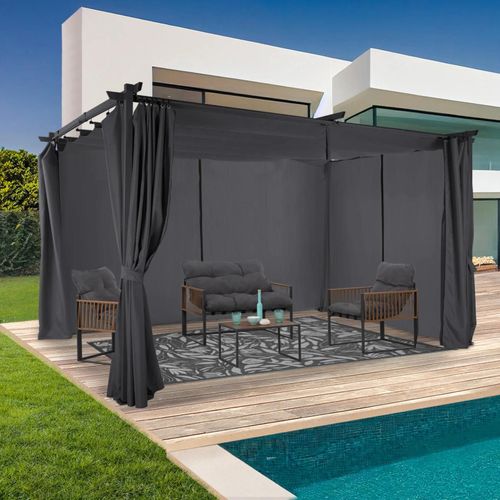 Pergola Édition Limitée Toit Rétractable 3x4m Et 4 Rideaux Gris Anthracite