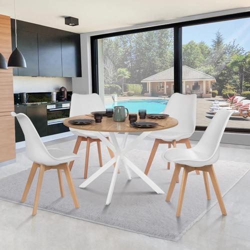 Table À Manger Ronde Alix 4-6 Personnes Pied Araignée Bois Et Blanc 110 Cm
