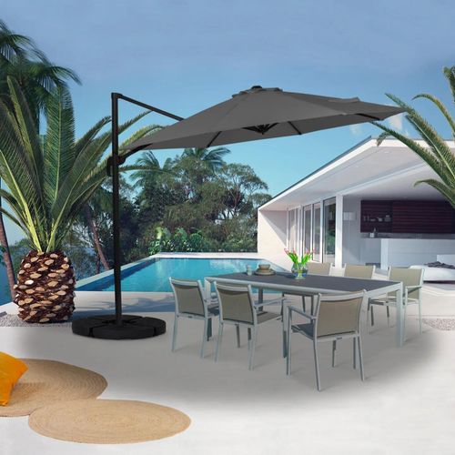 Parasol Déporté Rotatif 360 Calvi Gris 3m Avec 4 Dalles Et Housse