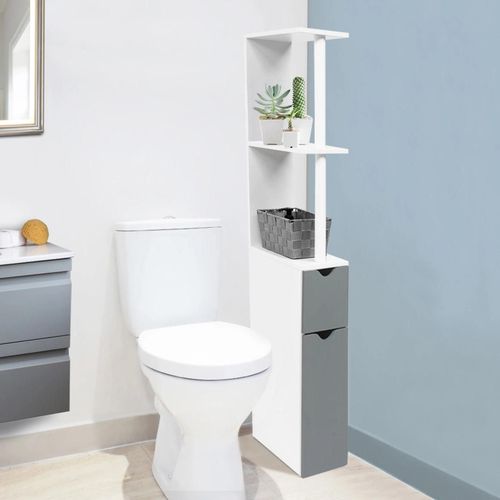 Meuble Wc Étagère Willy Bois Gain De Place Pour Toilette 2 Portes Grises