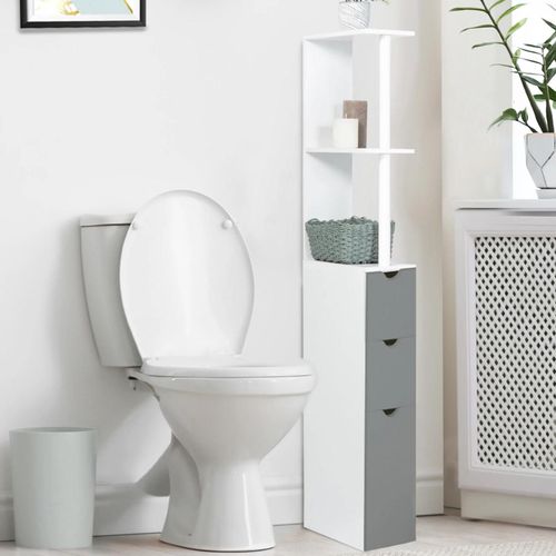 Meuble Wc Étagère Willy Bois 3 Portes Blanc Et Gris Gain De Place Pour Toilettes