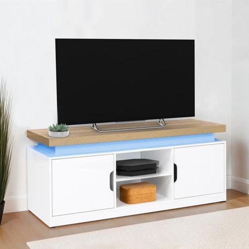 Meuble Tv 110 Cm 2 Portes Luna À Leds Blanc Et Plateau Effet Bois