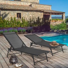 Lot De 2 Transats De Jardin Inclinables Kailua En Acier Gris Anthracite Et Toile Grise