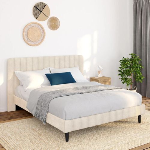 Lit Double Annie Avec Tête De Lit Et Sommier 140 X 190 Cm Velours Beige