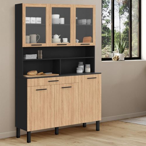Buffet De Cuisine Vitré 120 Cm Cina 6 Portes + Tiroir Noir Et Façon Hêtre