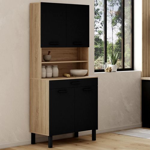 Buffet De Cuisine 80 Cm Cina 4 Portes + Tiroir Façon Hêtre Et Noir