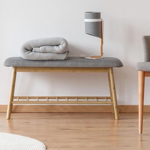 Banc D'entrée Capitonné En Bambou Tissu Gris Clair
