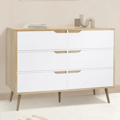 Commode 6 Tiroirs Helsinki 115 Cm Scandinave Bois Et Blanc