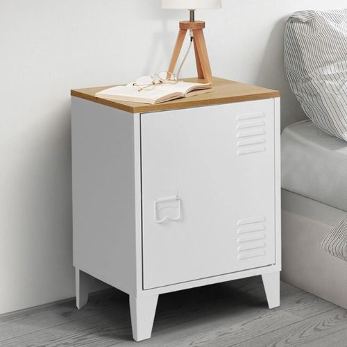 Table De Chevet Ester 1 Porte En Métal Et Plateau Façon Hêtre Design Industriel