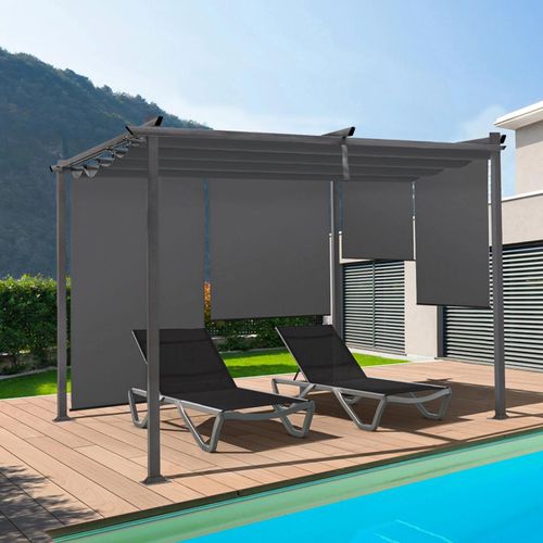 Pergola Édition Spéciale Toit Rétractable 3x4 M Et 4 Stores Enrouleurs Gris