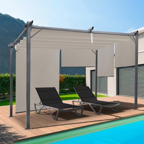 Pergola Édition Spéciale Toit Rétractable 3x4 M Et 4 Stores Enrouleurs Taupe