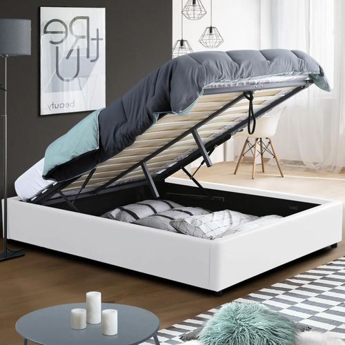Lit Coffre Double Miami Avec Sommier 160 X 200 Cm Pvc Blanc