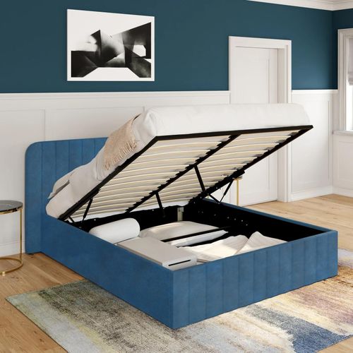 Lit Coffre Double Alba Avec Tête De Lit Et Sommier 140 X 190 Cm Velours Bleu