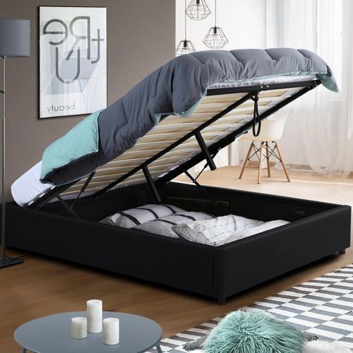 Lit Coffre Double Miami Avec Sommier 140 X 190 Cm Pvc Noir