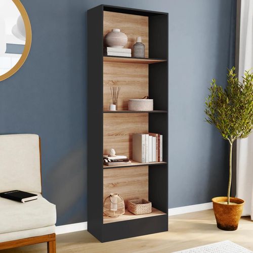 Etagère Bibliothèque Carla 5 Niveaux Noir Et Effet Bois H.190 Cm